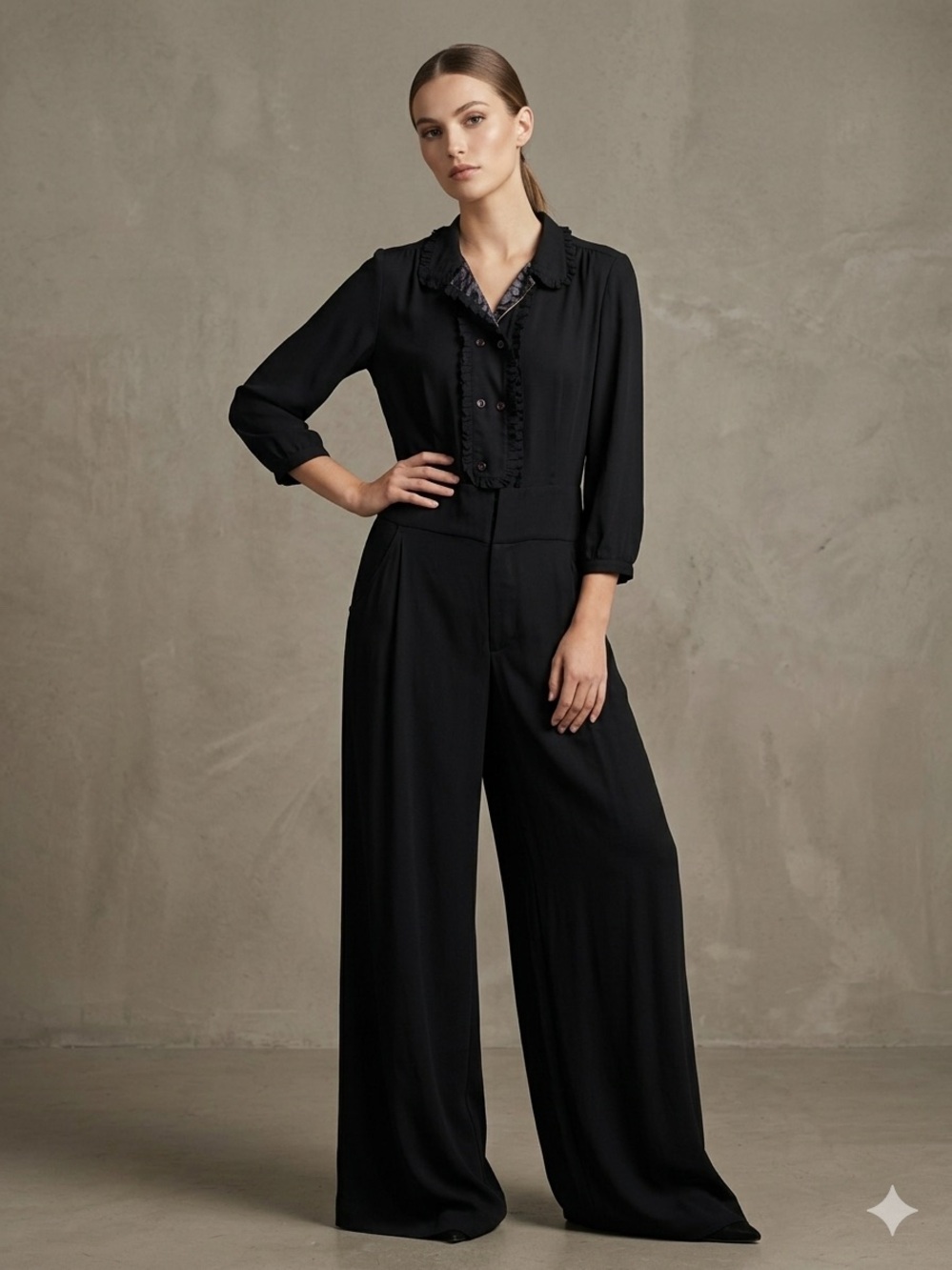 L.A.M.B. Black Ruffled-Trim Wide Leg Jumpsuit